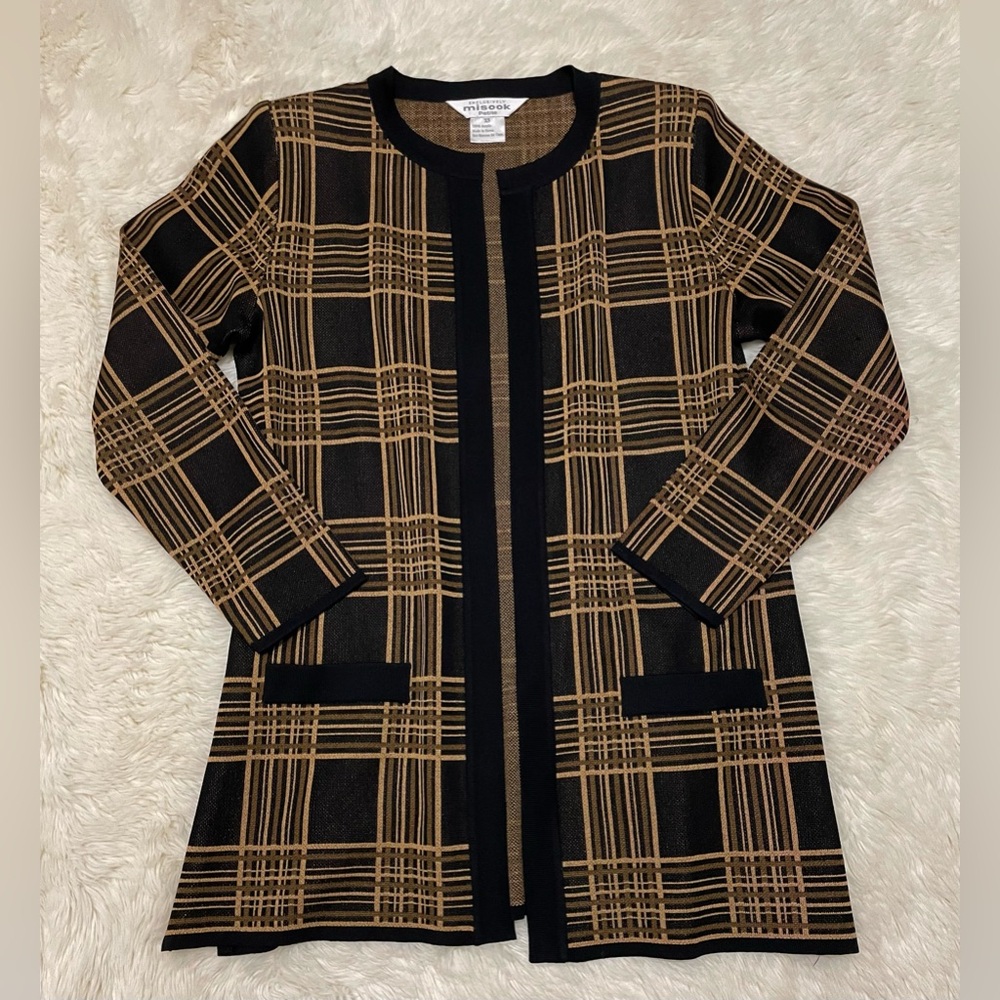 Misook * Plaid Open Cardigan, Black/Brown/Tan, Women’s Petite XS